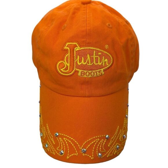 JUSTIN BOOTS bling BASEBALL HAT orange CRYSTAL DETAILED cotton Lainey Wilson - Picture 1 of 16